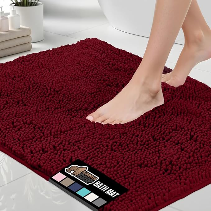 GORILLA GRIP Bath Rug Mat 60x24, Soft Absorbent Chenille, Quick Dry Microfiber Mats, Rubber Backing Washable Shower Floor Rugs, Bathmat Runner, US Designed Bathroom Home Decor Accessories Burgundy