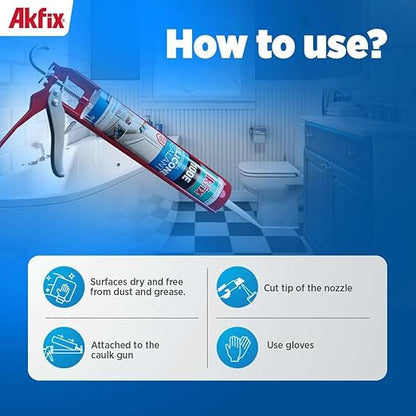 Akfix 100E RTV Gray Silicone Caulk (12x10.1 fl.oz.) - 100% Waterproof Silicone Sealant for Kitchen and Bathroom, Shower, Bathtub, Toilet, Sink, Window and Door, No Discoloring | Grey, 12 Pack