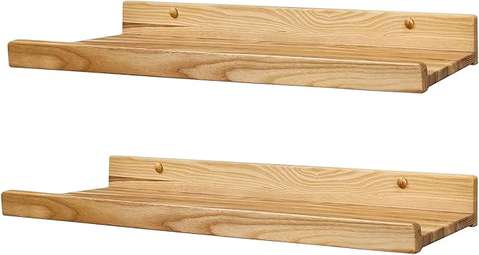 Floating Shelves for Wall 24 inch, Waterproof, Wall Storage Shelves with Lip, Display Picture Ledge Shelf for Living Room Photo Frame, Natural Wood Hanging Book Shelves (Natural, Set 2)
