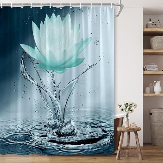 Lotus Shower Curtain Black White Teal Flower Elegant Blooming Floral with Dew Spring Flower Reflection on Water Modern Romantic Polyester Fabric Bathroom Decor 86×70 Inch with Hook