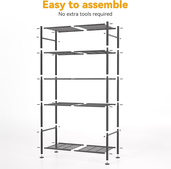 5 Tier Shelf Organizer Rack, Metal Shelving Unit with Adjustable Leveling Feet, Space-Saving Storage Shelves for Garage Closet Laundry Bathroom Kitchen Pantry, 33.07”Wx12.6”Dx72.04”H,Black