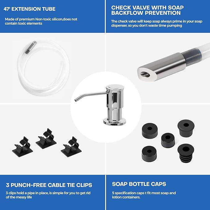 Soap Dispenser for Kitchen Sink, Chrome Built in Soap Dispensers, Stainless Steel Sink Soap Dispenser or Lotion Dispenser Pump with 47" Extension Tube Kit, Upgraded Metal Check Valve