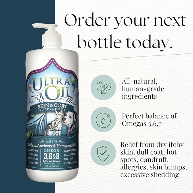 Ultra Oil Skin and Coat Supplement for Dogs and Cats with Hemp Seed, Flaxseed, Grape Seed, and Fish Oils for Relief from Dry Itchy Skin, Dull Coat, Hot Spots, Dandruff, and Allergies, (16 oz)