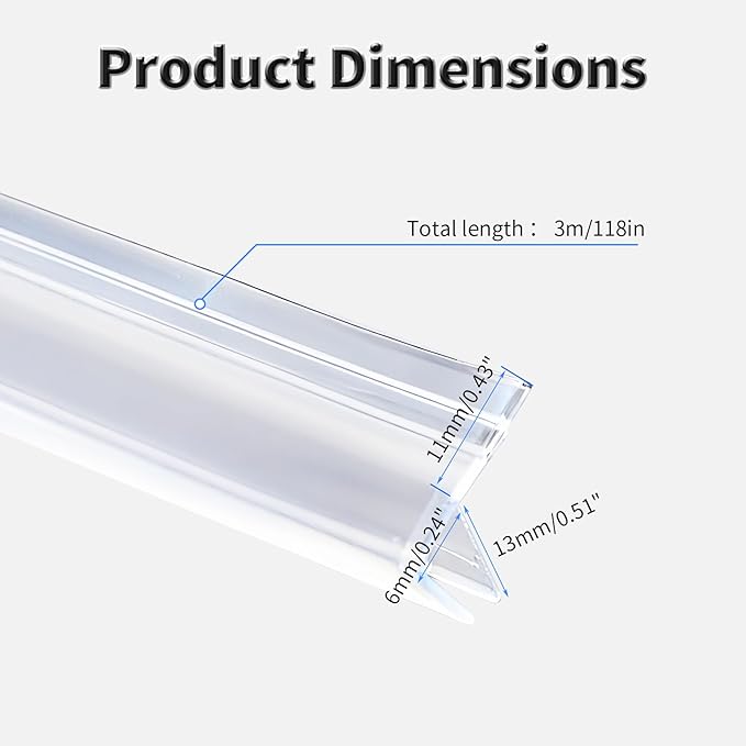 Shower Door Side Seal Strip,118 Inch F-Type Frameless Shower Door Seal, F-Type Shower Door Sweep for 1/4"(6mm) Thick Glass