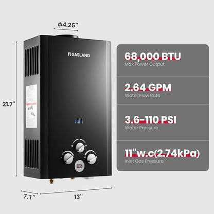 GASLAND 2.64GPM Propane Tankless Water Heater Outdoor 10L - Portable Camping Hot Water Heater, Overheating Protection, Easy to Install - Use for RV, Cabin, Barn, Camping, Boat (Black)