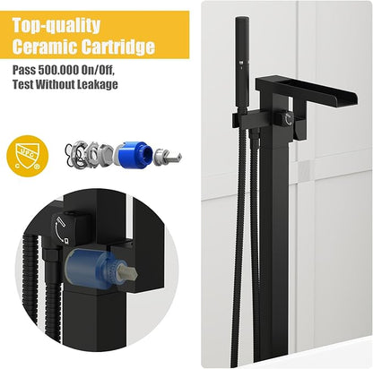 BESy Tub Filler Freestanding Bathtub Faucet Free Standing Tub Faucet Matte Black Floor Mount Bathroom Tub Faucets Bath Faucets with 2 Function Handheld Sprayer