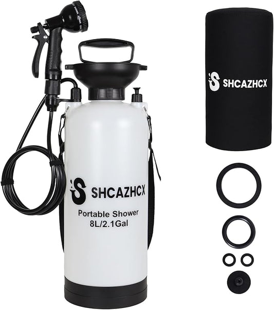 2.1 Gallon/8L Portable Outdoor Shower, 10 Spray Modes, No Power Needed, Insulated Sleeve Keeps Water Warm, Multi-Use Sprayer for Camping, Beach & Surfing, Fishing, Hiking, Road Trips, White