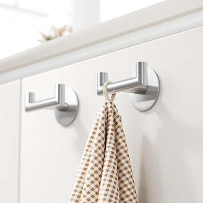 2 Pack Brushed Nickel Bathroom Hooks for Towels - Self Adhesive Double Hooks for Wall, No Drilling, Stainless Steel 304, Strong Hold for Robes, Coats, Shower Use