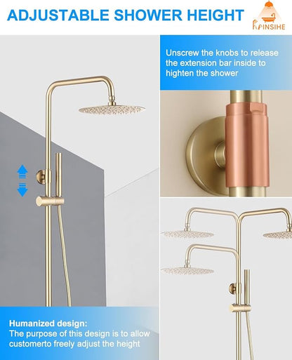Outdoor Shower Kit Gold, Exposed Shower System with Tub Spout and 10'' Rainfall Shower Head, 3 Functions Handle Shower Faucet Sets with Dial Thermometer Brass Valve, Brushed Gold Finsh