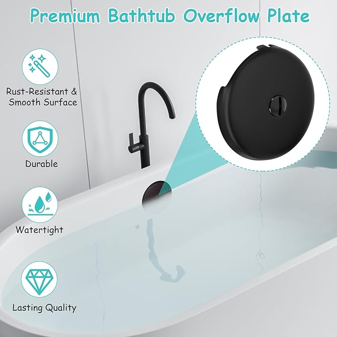 Single Hole Bathtub Drain Cover 1/8", Universal Bathtub Overflow Drain Cover with One Matching Screw for Waste and Over Flow, Tub Overflow Cover Fits Most Standard Bath Tub Drains (2PCS) (Black)