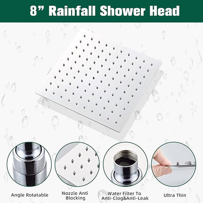 Shower Head - Shower Faucet Set Square Shower Combo System with 8'' Rainfall Shower Head Wall Mount Handheld Shower, Stainless Steel with Chrome Finish Bath Shower Head,Chrome