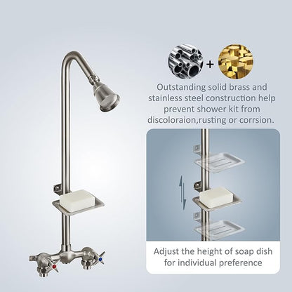Aolemi Outdoor Shower Kit Fixtures Faucet System with High Pressure Showerhead Utility 2-Handle Exposed Shower with Brass Mix Valve 6 Inch Center with Soap Dish Brushed Nickel