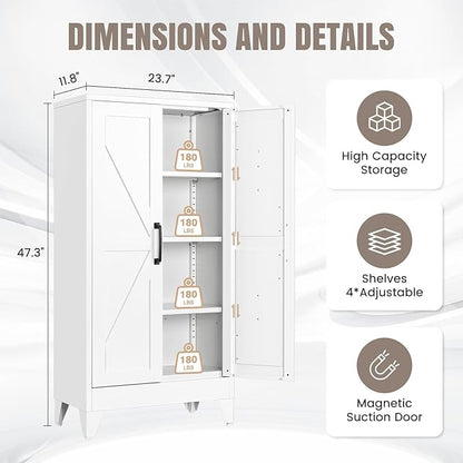Yizosh Metal Storage Cabinet with 2 Doors and 3 Adjustable Shelves - 47" White Kitchen Pantry Storage Cabinet Locker for Kitchen,Living Room,Dining Room