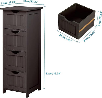 Bonnlo Skinny Bathroom Floor Storage Cabinet, 12 Inch Wide Deep Small Storage Organizer with 4 Drawers, Wooden Modern Espresso Thin Free Standing Tower Cabinet w/ 4 Cute Drawers for Bathroom