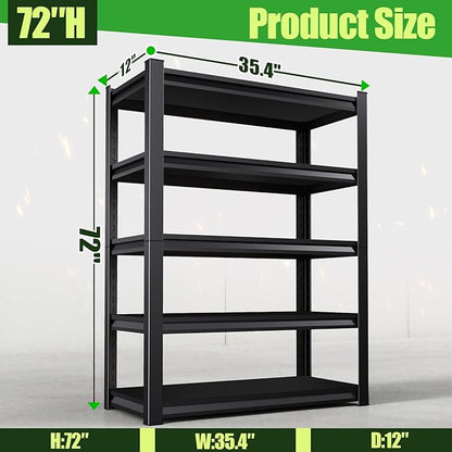 Garage Shelving,Heavy Duty Garage Storage Shelves,Metal Shelving Unit,5 Tier Adjustable Steel Utility Shelf,Use for Basement,Warehouse, Pantry Closet,Black (Steel-72 H*35.4" W*12" D)