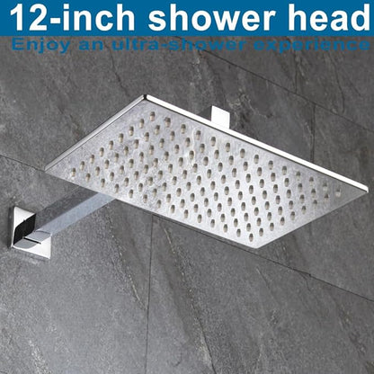 Shower Faucet Set Chrome Rainfall 12“ Rectangle Stainless Steel Shower Head and Handle Set, Wall Mounted Bathroom Shower System, Single Function Shower Trim Kit with Valve