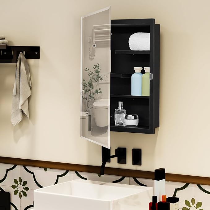 Fundin Black Medicine Cabinet with 16 x 20 Beveled Mirror & Adjustable Staggered Shelves, Recessed or Surface Mount Bathroom Medicine Cabinet