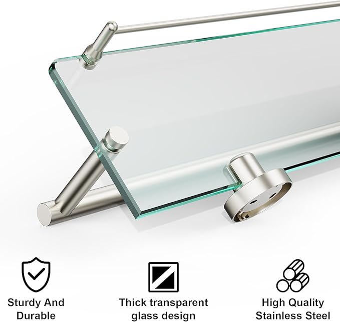 24-Inch Tempered Glass Bathroom Shelf with Towel Bar - Brushed Nickel Towel Holder Modern SUS304 Stainless Steel, Wall Mount Towel Hanger
