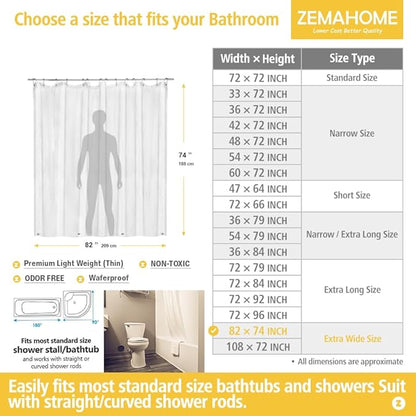 Extra Large Size PEVA Plastic Shower Curtain Liner Premium Light Weight 82" x 74" Clear Bathroom Shower Showroom Curtain Liner with Rustproof Metal Gromments and Weighted Magnet