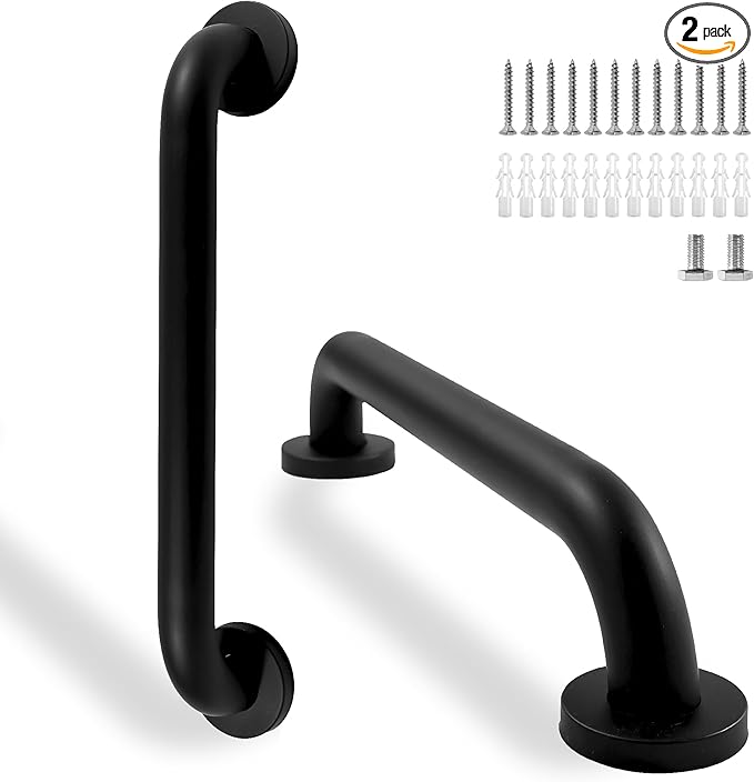 Shower Grab Bar, 2 Pack 16 Inch Black Bathroom Grab Bar, 1.25" Diameter 304 Stainless Steel Grab Bars for Bathtubs and Showers, Handicap Shower Grab Bar for Seniors Elderly