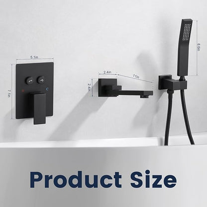 Wall Mount Bathtub Faucet Set Included 180°Swivel bathroom Tub Filler faucets and handheld Shower，high Flow Tub Spout with Solid Brass Push-button Diverter Pressure Balance Valve,Matte Black