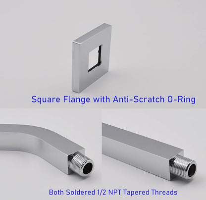 Aquaiaw Square Shower Arm and Anti-Scratch O-Ring Flange, 6 inch, Solid Brass, Both Soldered 1/2 NPT Tapered Threads, Shower Head Arm, Wall Mount Shower Extension Arm (Polished Chrome)