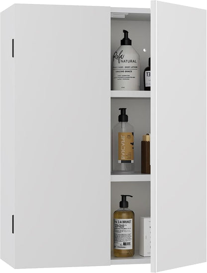 eclife 24" Bathroom Medicine Cabinet W/Mirror, Double Doors Bathroom White Wall Mount Mirror Cabinet, Hanging Triple Shelf Storage Cabinet Opens Left and Right