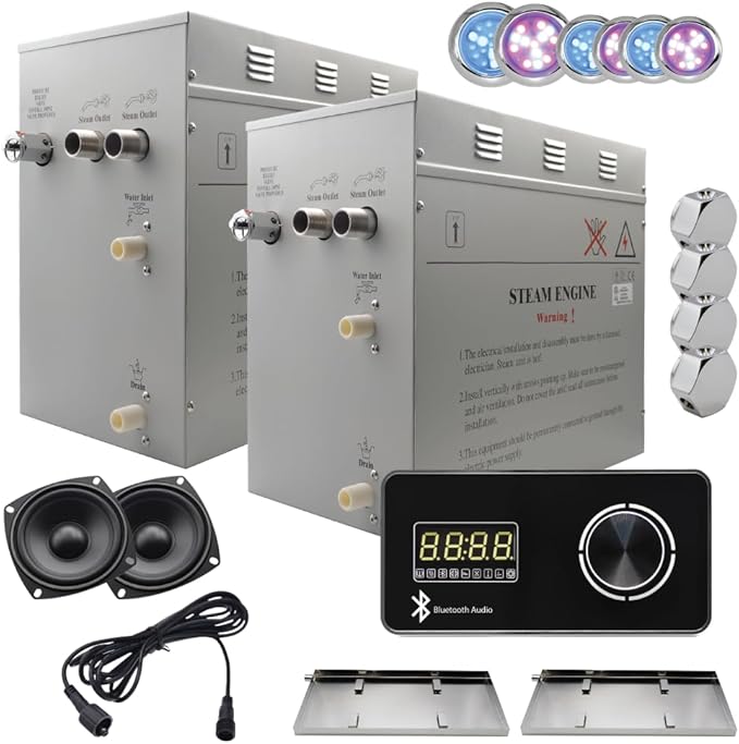 Superior Encore Plus 24kW Steam Shower Generator Kit with Horizontal Black Keypad, Bluetooth Audio, Drip Pan & Color Lights |Self-Draining Steam Bath Generator |One-click Connection Cord|