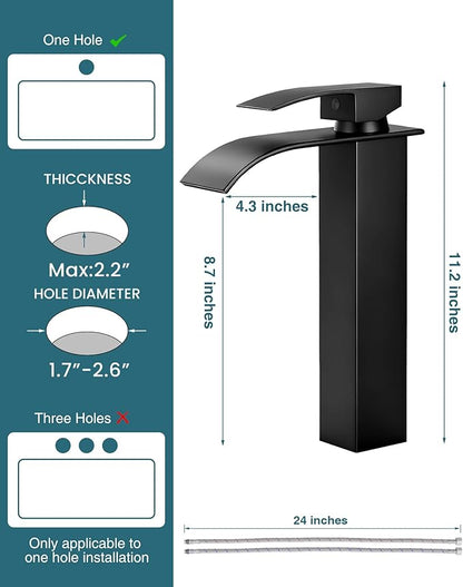 LIFG Matte Black Vessel Sink Faucet, Tall Waterfall Bathroom Faucet, Single Handle One Hole Mixer Bowl Tap with Large Rectangular Spout, Bar Sink Faucet Lavatory Vanity