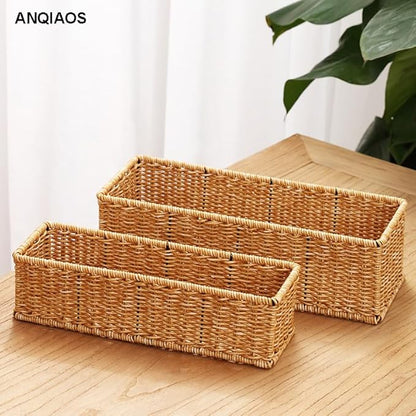 Small Plastic Rattan Baskets for organizing (Set of 2) | Bathroom Basket | Wicker Storage Basket | Toilet Paper Basket | Shelf Baskets | Rustic Style |Water-Resistant and Durable