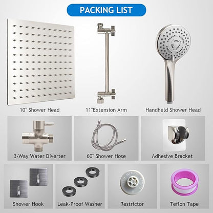 Shower Head Combo(Brushed Nickel),10'' High Pressure Rain Shower Head with 11'' Adjustable Extension Arm and 5 Settings Handheld,Powerful Shower Spray Against Low Pressure Water