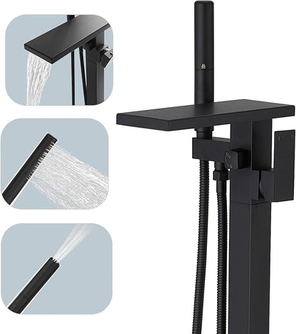 Hoimpro Tub Filler Freestanding Bathtub Faucet Matte Black Floor Mount Tub Faucet Waterfall Free Standing Bathtub Filler High Flow Brass Bath Shower Faucets with Handheld Sprayer