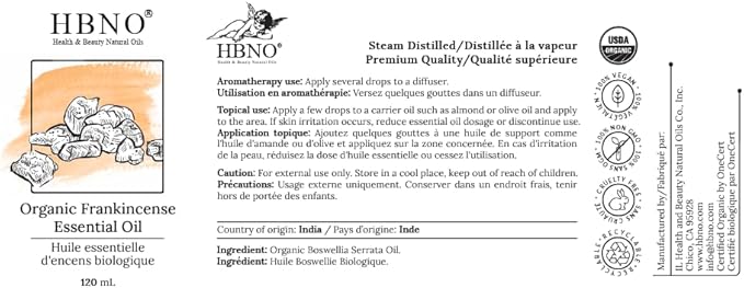 HBNO California Bottled Organic Frankincense Essential Oil 4 fl oz (120ml) - USDA Certified Oil - Organic Frankincense Essential Oil for Skin and Aromtherapy