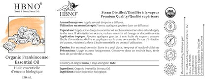 HBNO California Bottled Organic Frankincense Essential Oil 4 fl oz (120ml) - USDA Certified Oil - Organic Frankincense Essential Oil for Skin and Aromtherapy
