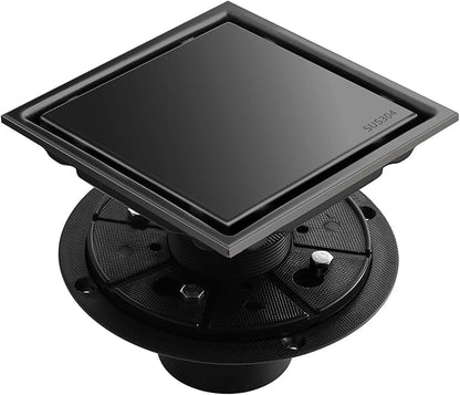 Hidden Brushed Square Shower Floor Drain, Black 6 inch, 304 Stainless Steel, with Flange, Detachable Cover Embedded in Ceramic Tiles