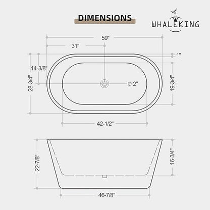 Black 59 inch Freestanding Soaking Bathtub, WHALEKING Modern Stand Alone Free Standing Acrylic Tub with Center Drain & Overflow