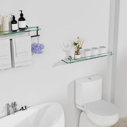 24 Inch Glass Bathroom Shelves,Chrome Polished Floating Shelves for Wall Rectangular Modern Stainless Steel Glass Shelf for Bathroom Shelves Wall Mounted