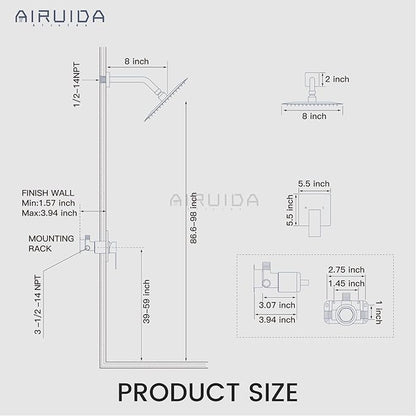 Airuida Shower Faucet Set Bathroom Rain Shower System SUS304 Stainless Steel Single Handle With Male Threads Rough-in Valve Shower Trim Kit 8 Inch Wall Mount Shower Head Brushed Gold