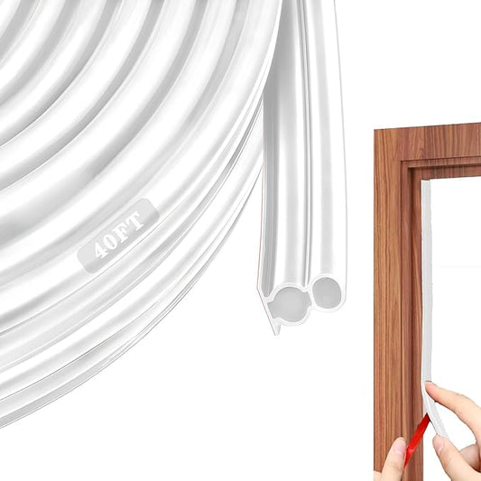 Door Seal Strip for Door Frame, Rubber Weather Stripping Door Seal, Self-Adhesive Extra Thick Insulation Strip, Soundproofing, Dustproof, Large Gap Filler (White, 40 Ft)