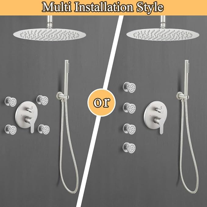 Brushed Nickel Round Shower Faucet Set with Body Jets 16 Inch Shower Head Handheld Shower Combo Set High Pressure Ceiling Mount with Rough-in Valve
