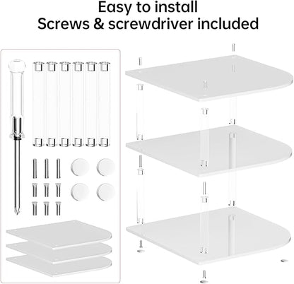 Plate Organizer for Cabinet Space Saver - Acrylic Corner Shelf for Dishes, Bowls, 3-Tier Kitchen Countertop Cabinet Organization, Dinner Plates Holder, and Small Shelf for Bathroom Storage - White