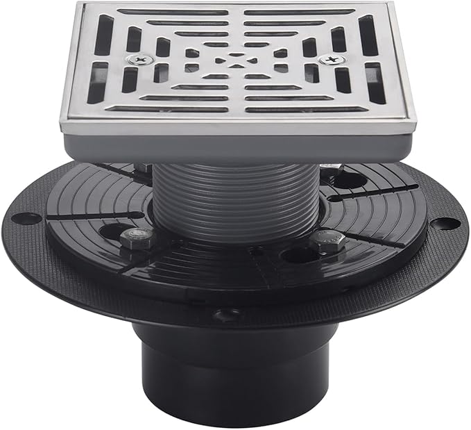 4-1/4"Square Brushed Nickel Shower Drain，Base with Adjustable Drain Flange Kit PVC,Removable Grille Strainer Drain Cover with Screws,SUS304 Stainless Steel