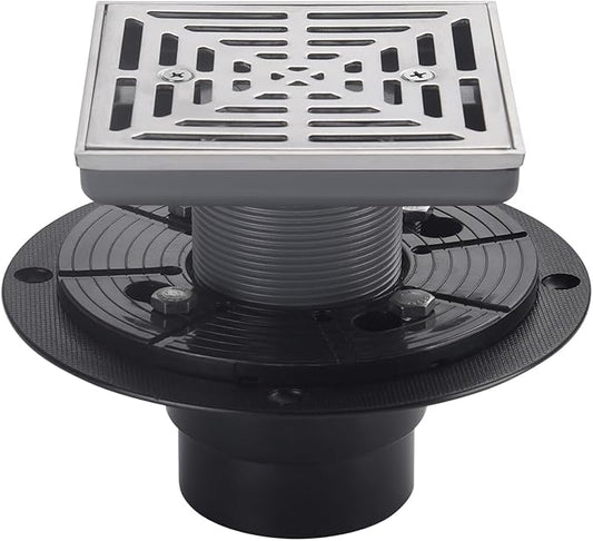 4-1/4"Square Brushed Nickel Shower Drain，Base with Adjustable Drain Flange Kit PVC,Removable Grille Strainer Drain Cover with Screws,SUS304 Stainless Steel