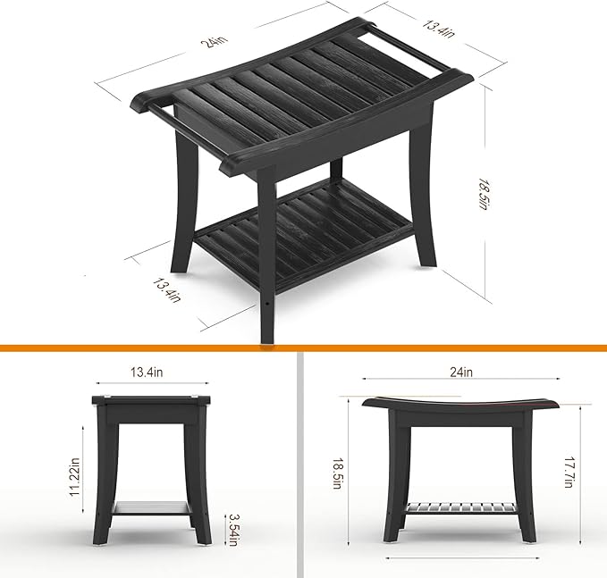 Bamboo Shower Stool Bench Waterproof with Storage Shelf for Shaving Legs or Spa Bath Seat in Bathroom & Inside Shower for Adults Seniors Elderly (24 x 13.4 x 18.5 inches+Black)