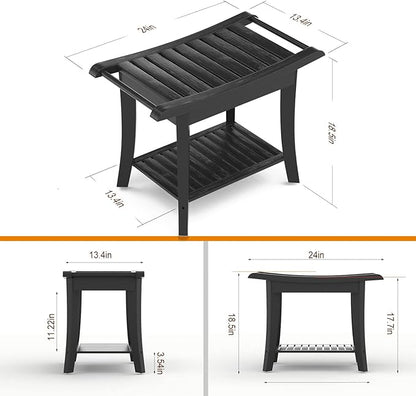 Bamboo Shower Stool Bench Waterproof with Storage Shelf for Shaving Legs or Spa Bath Seat in Bathroom & Inside Shower for Adults Seniors Elderly (24 x 13.4 x 18.5 inches+Black)