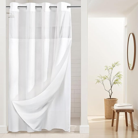 River Dream Stall Heavyweight No Hooks Required Dotted Waffle Weave Shower Curtain with Snap in Liner- 54W x 80H,Hotel Grade,Spa Like Bath Curtain,White