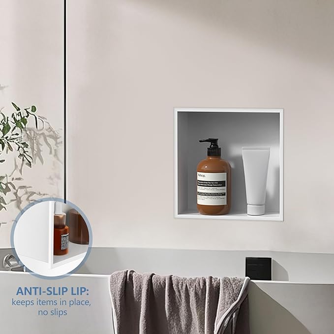 Homevacious 12“ x 12" x 4" Stainless Steel Shower Niche No Tile Needed White Bathroom Shelf Rimless Recessed Wall Niche for Bathroom Storage
