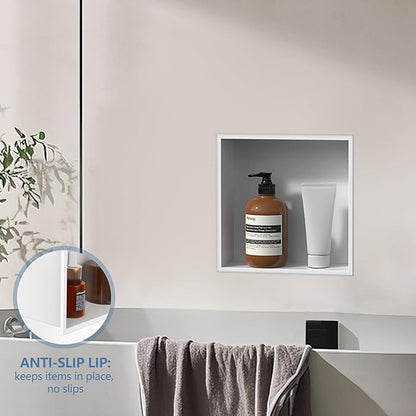 Homevacious 12“ x 12" x 4" Stainless Steel Shower Niche No Tile Needed White Bathroom Shelf Rimless Recessed Wall Niche for Bathroom Storage