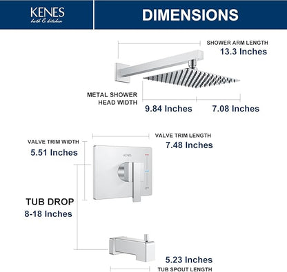 KENES Polished Chrome Tub and Shower Trim Kit, Tub Shower Faucet Set Complete with 10-Inch Rainfall Shower Head and Tub Spout, KE-6024A-5 (Shower Valve Included)