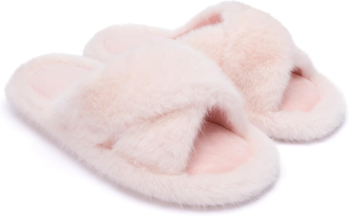 Chantomoo Womens Slippers Memory Foam Fuzzy Cross Band Faux Fur Slippers for Women Gift